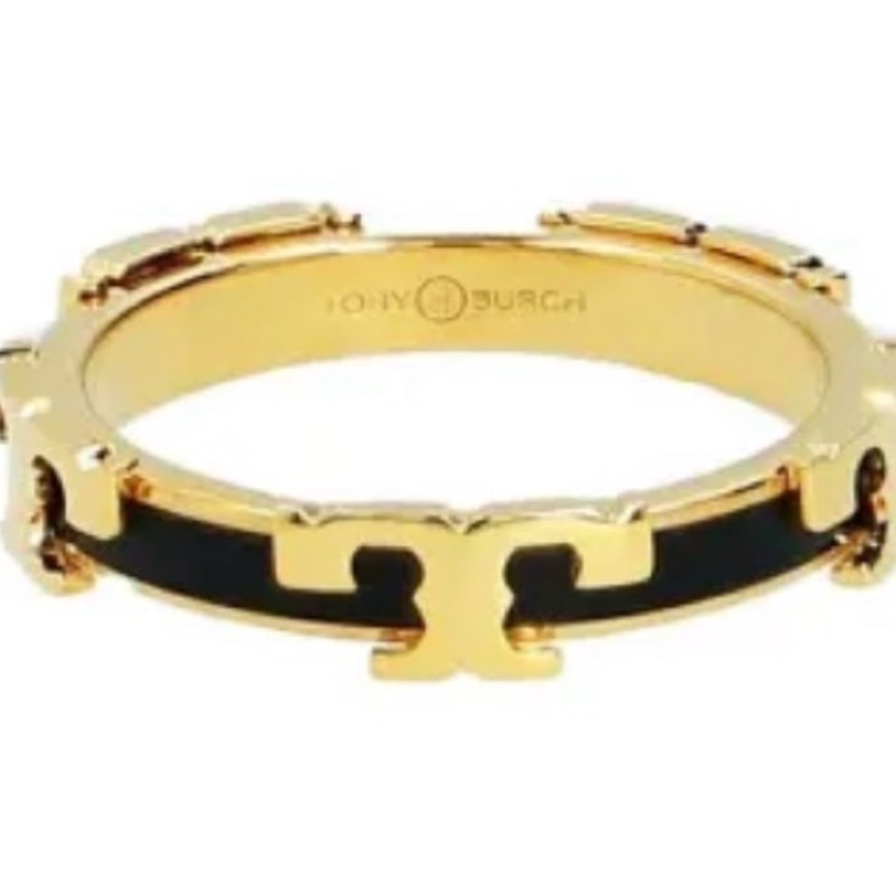 New Auth. TORY BURCH Serif T Logo Black Enamel Stackable Ring Size 6 with Tag